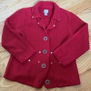 Chico’s Cardigan Sweater Womens 2/L Red Long Sleeves Festive cottage core mature